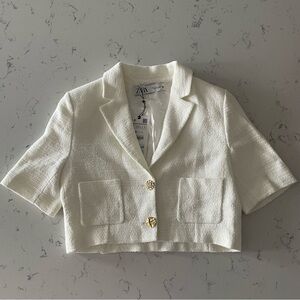 Zara White Tweed Cropped Shirt with Gold Buttons